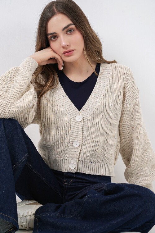 Kadın Crop Triko Hırka 15955 - Krem