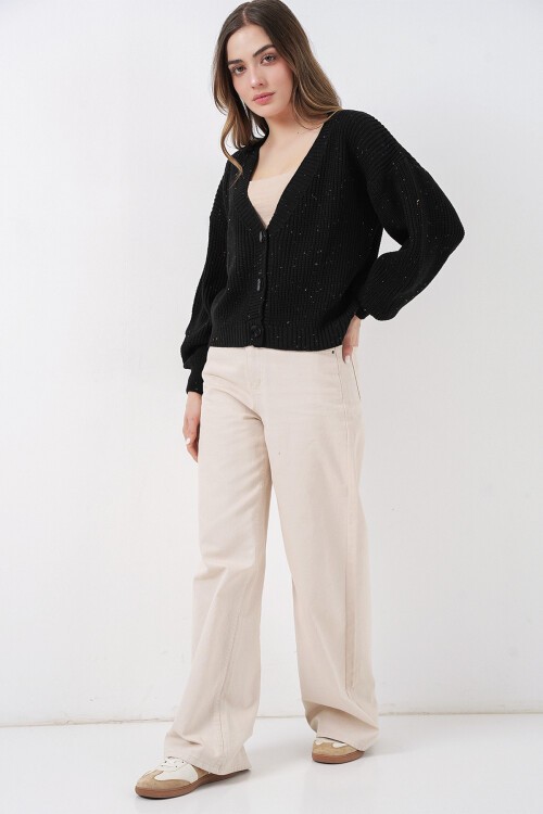 Kadın Crop Triko Hırka 15955 - Siyah