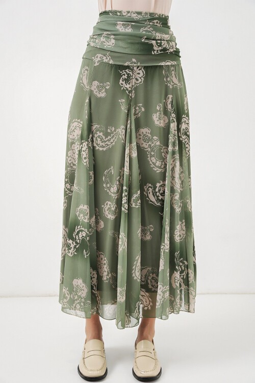 Kadın Desenli Şifon Etek 8057 - E.Yeşil