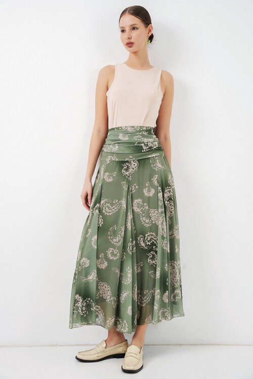 Kadın Desenli Şifon Etek 8057 - E.Yeşil