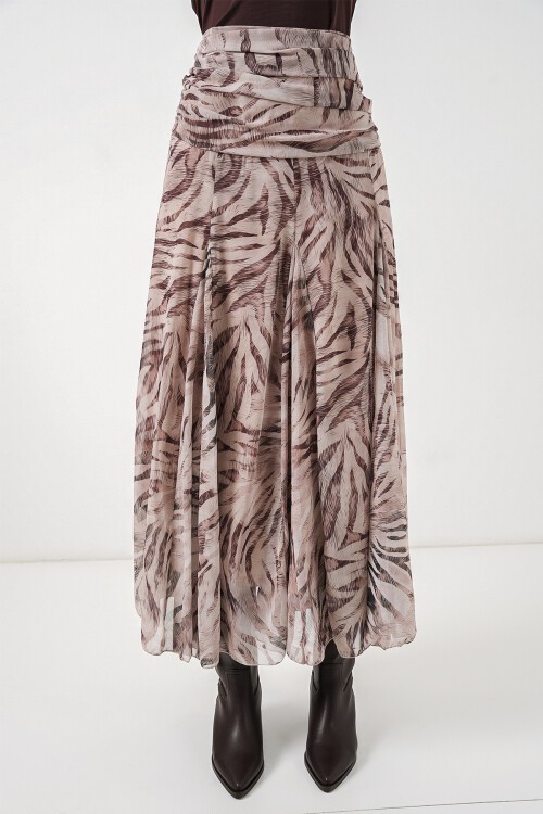 Kadın Desenli Şifon Etek 8057 - Ekru