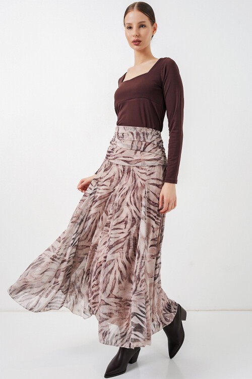 Kadın Desenli Şifon Etek 8057 - Ekru