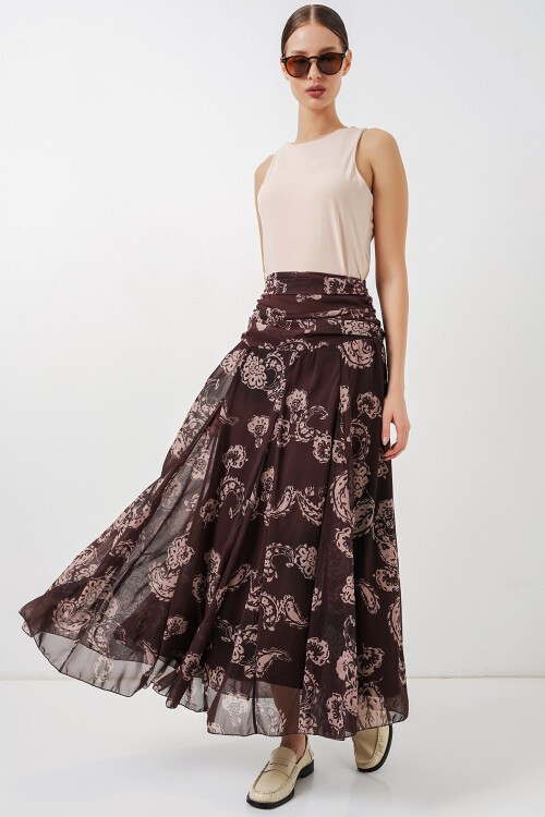 Kadın Desenli Şifon Etek 8057 - Kahverengi