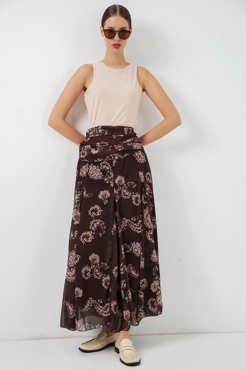 Kadın Desenli Şifon Etek 8057 - Kahverengi