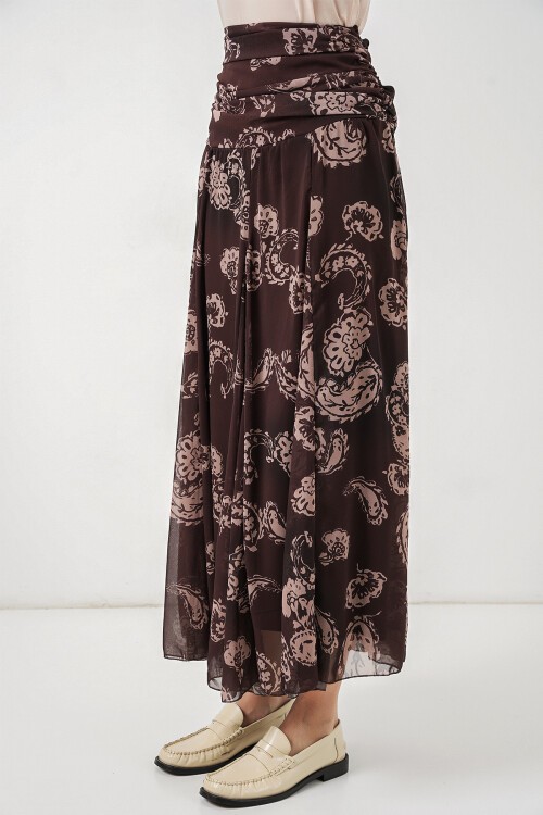 Kadın Desenli Şifon Etek 8057 - Kahverengi