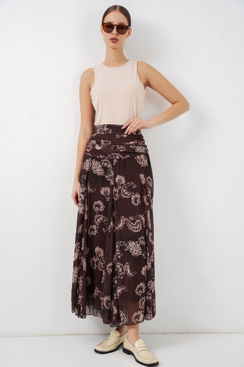 Kadın Desenli Şifon Etek 8057 - Kahverengi