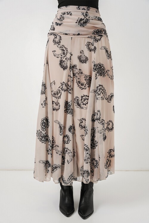 Kadın Desenli Şifon Etek 8057 - Krem