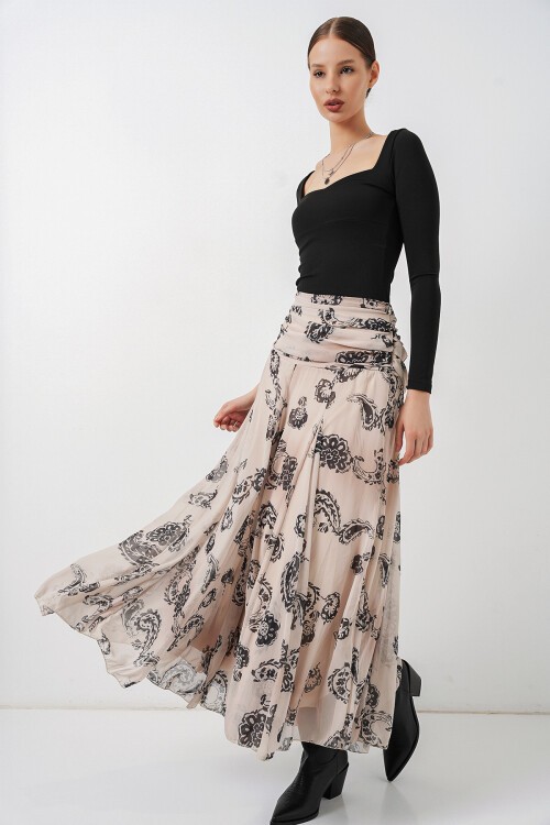 Kadın Desenli Şifon Etek 8057 - Krem