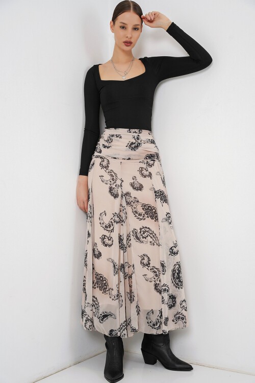 Kadın Desenli Şifon Etek 8057 - Krem