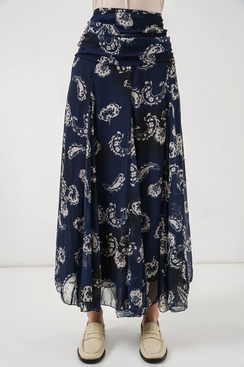 Kadın Desenli Şifon Etek 8057 - Lacivert