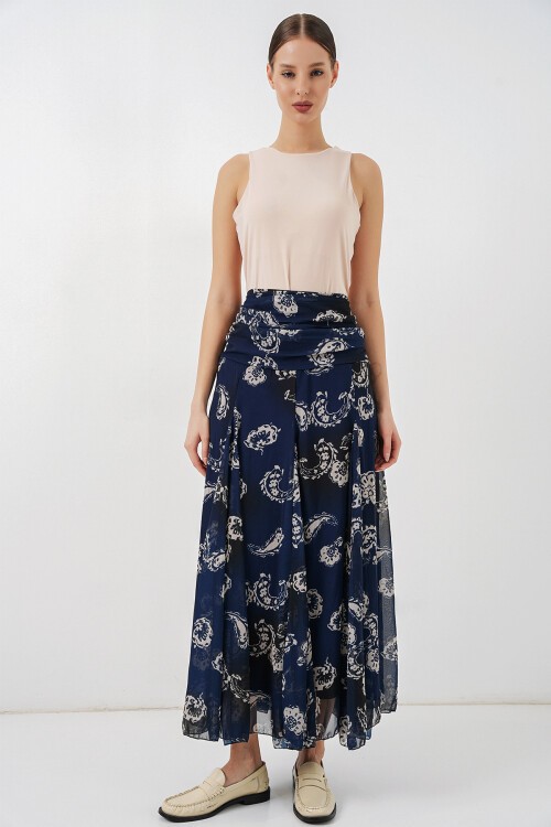 Kadın Desenli Şifon Etek 8057 - Lacivert
