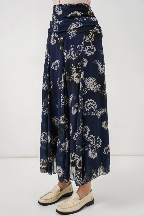 Kadın Desenli Şifon Etek 8057 - Lacivert