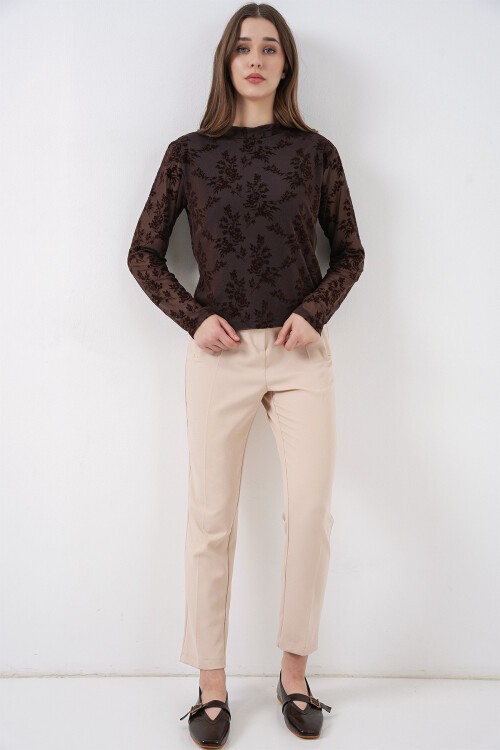 Kadın Desenli Uzun Kol Bluz 983 - Kahverengi