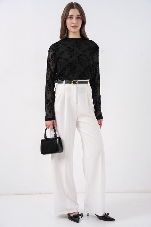 Kadın Desenli Uzun Kol Bluz 983 - Siyah