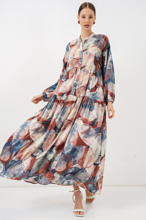 Kadın Desenli Uzun Tesettür Elbise 2585 - A. Kiremit