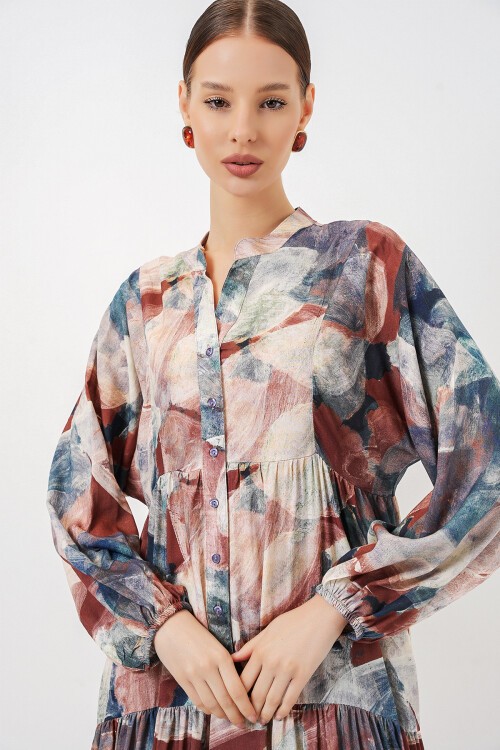 Kadın Desenli Uzun Tesettür Elbise 2585 - A. Kiremit