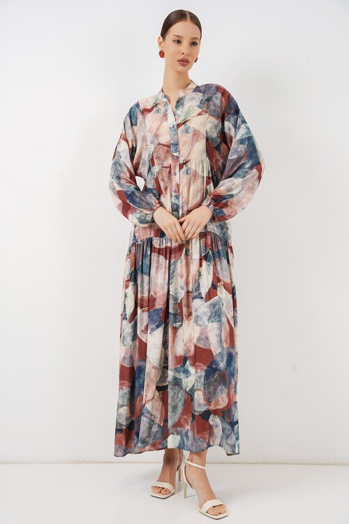 Kadın Desenli Uzun Tesettür Elbise 2585 - A. Kiremit