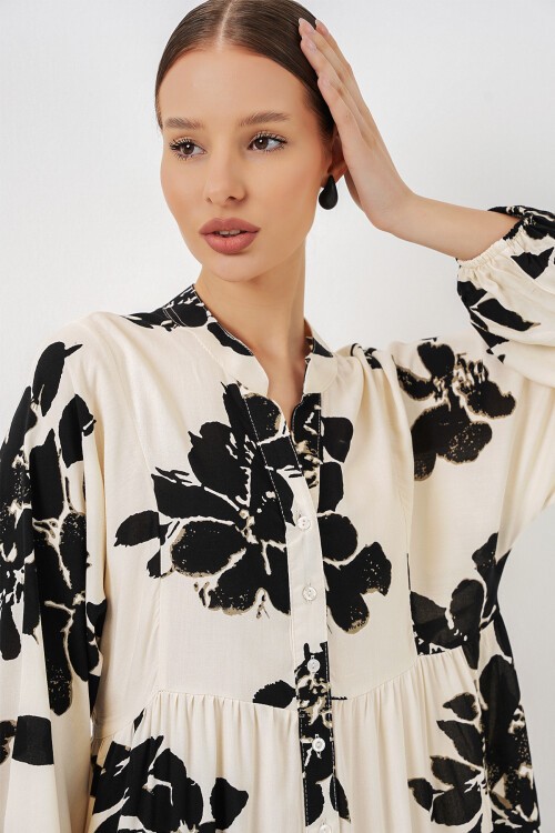 Kadın Desenli Uzun Tesettür Elbise 2585 - A.Ekru