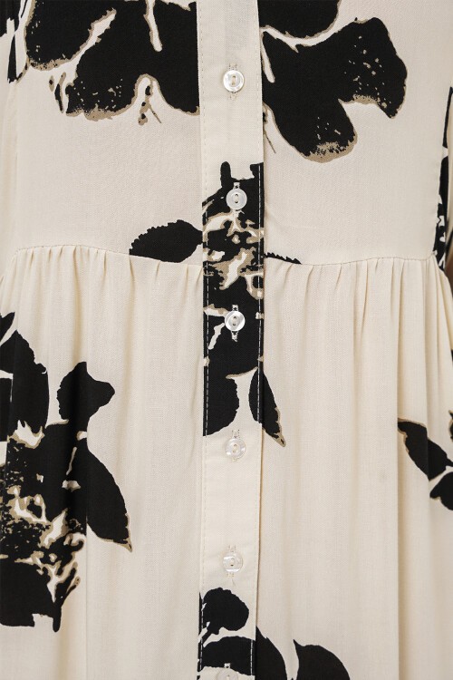 Kadın Desenli Uzun Tesettür Elbise 2585 - A.Ekru