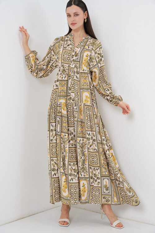 Kadın Desenli Uzun Tesettür Elbise 2585 - A.Hardal