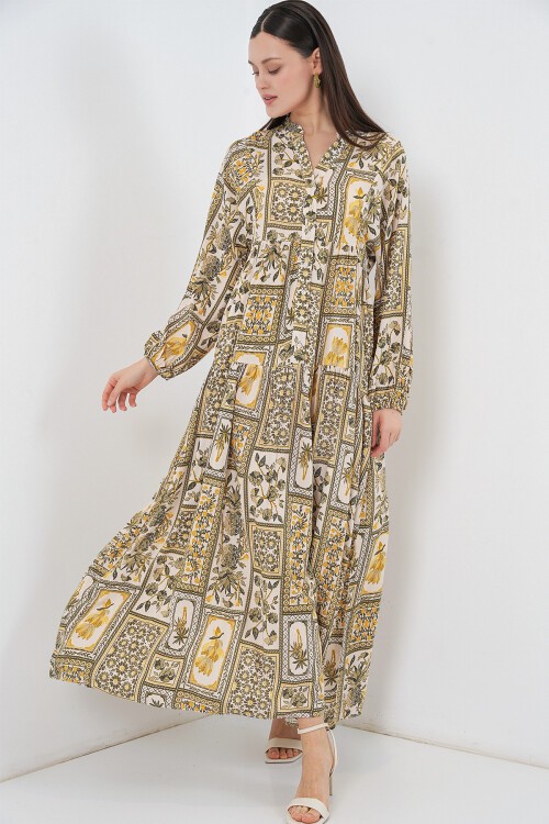 Kadın Desenli Uzun Tesettür Elbise 2585 - A.Hardal