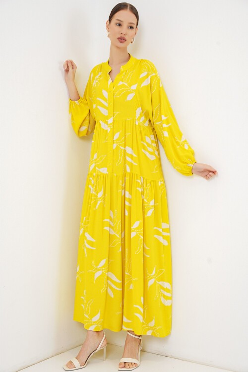 Kadın Desenli Uzun Tesettür Elbise 2585 - A.Sarı