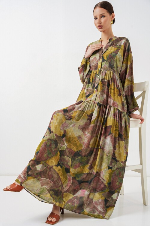 Kadın Desenli Uzun Tesettür Elbise 2585 - A.Yeşil