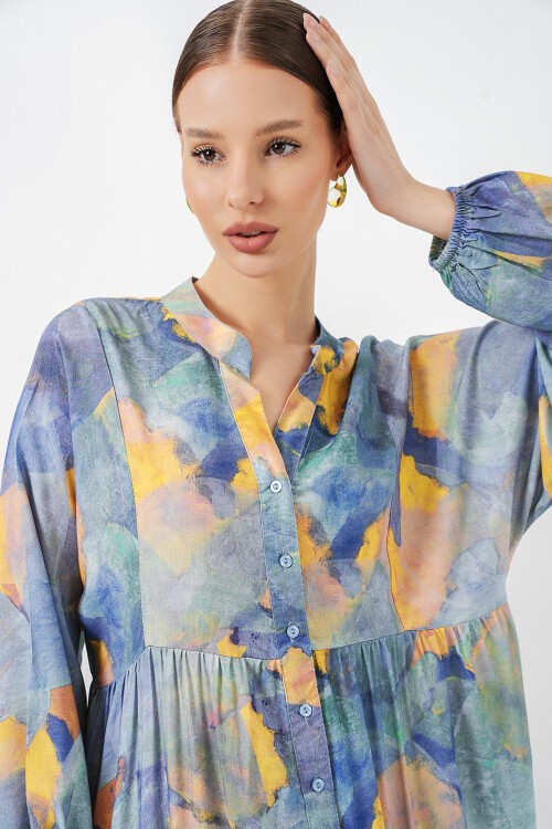 Kadın Desenli Uzun Tesettür Elbise 2585 - Açık Mavi