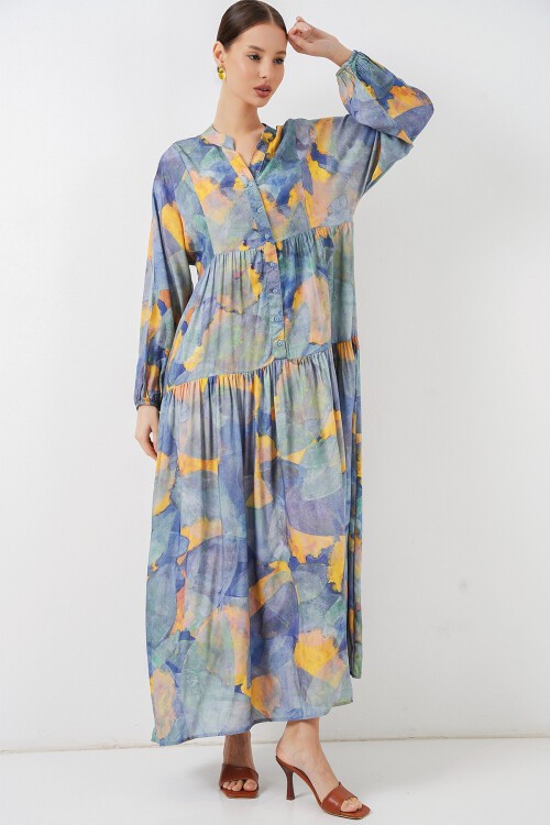 Kadın Desenli Uzun Tesettür Elbise 2585 - Açık Mavi