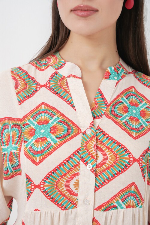 Kadın Desenli Uzun Tesettür Elbise 2585 - Bej