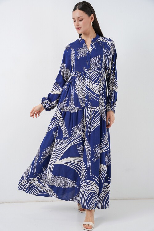 Kadın Desenli Uzun Tesettür Elbise 2585 - C.Lacivert