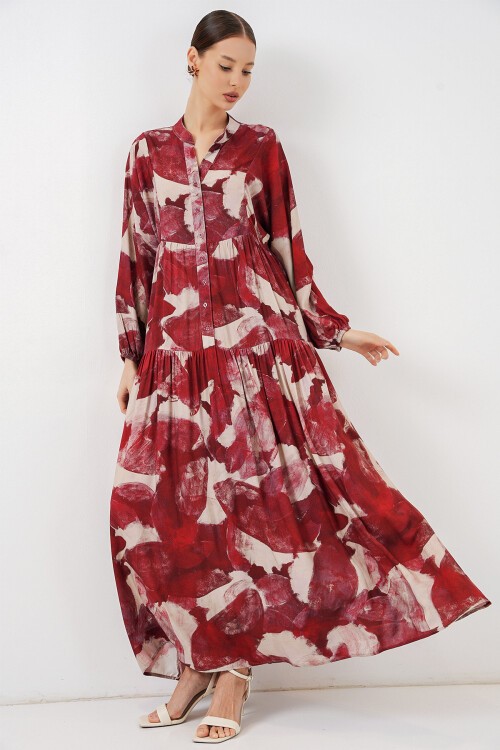 Kadın Desenli Uzun Tesettür Elbise 2585 - D. Bordo