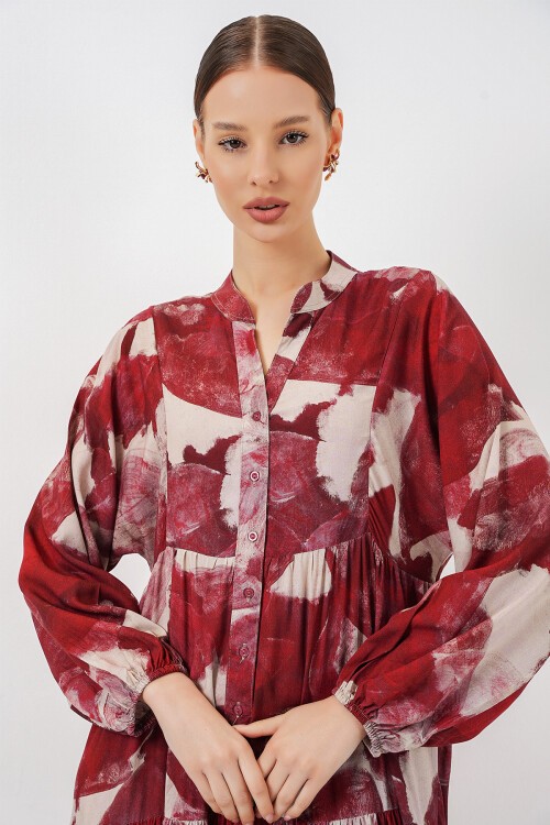 Kadın Desenli Uzun Tesettür Elbise 2585 - D. Bordo