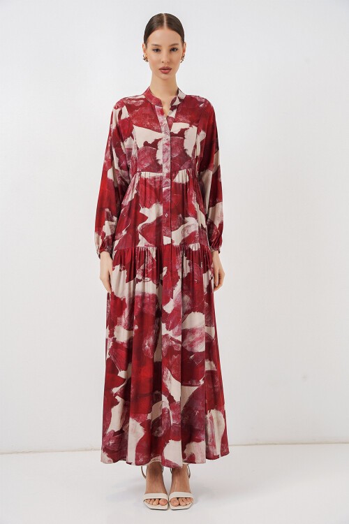 Kadın Desenli Uzun Tesettür Elbise 2585 - D. Bordo