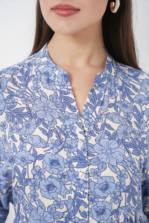 Kadın Desenli Uzun Tesettür Elbise 2585 - D. İndigo