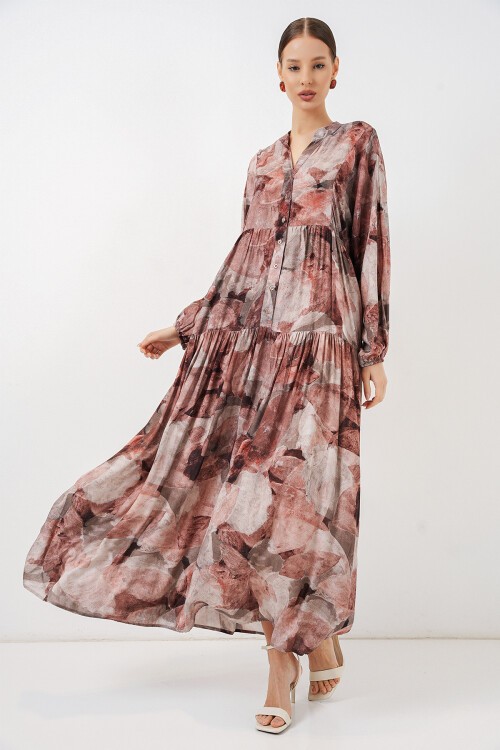 Kadın Desenli Uzun Tesettür Elbise 2585 - D.Gül Kurusu