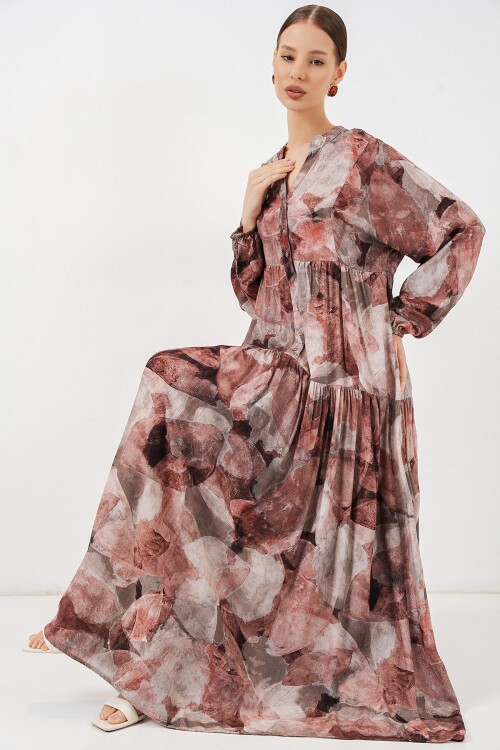 Kadın Desenli Uzun Tesettür Elbise 2585 - D.Gül Kurusu