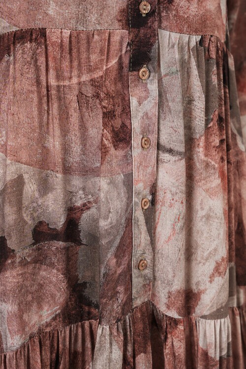 Kadın Desenli Uzun Tesettür Elbise 2585 - D.Gül Kurusu