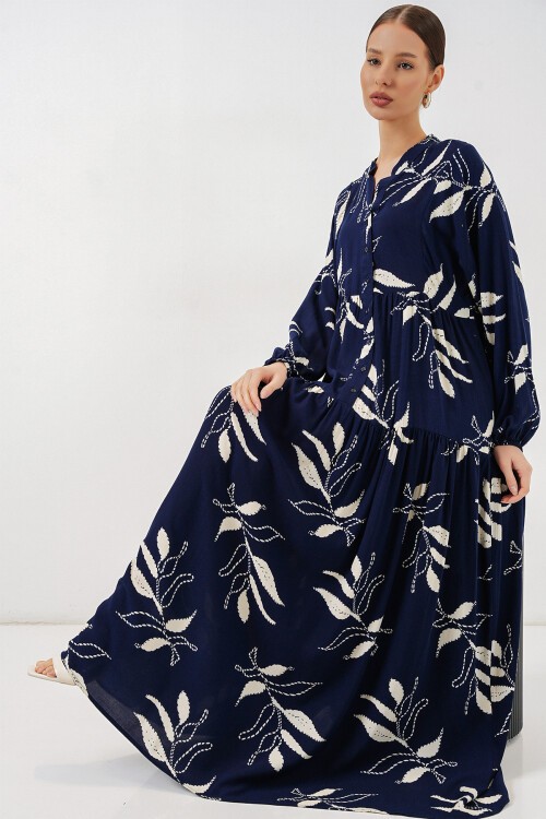 Kadın Desenli Uzun Tesettür Elbise 2585 - D.Lacivert