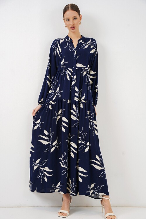 Kadın Desenli Uzun Tesettür Elbise 2585 - D.Lacivert