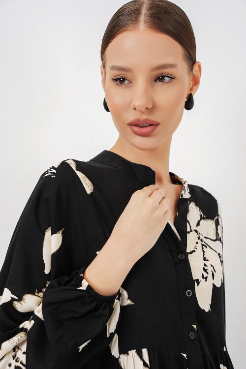 Kadın Desenli Uzun Tesettür Elbise 2585 - Düz Siyah