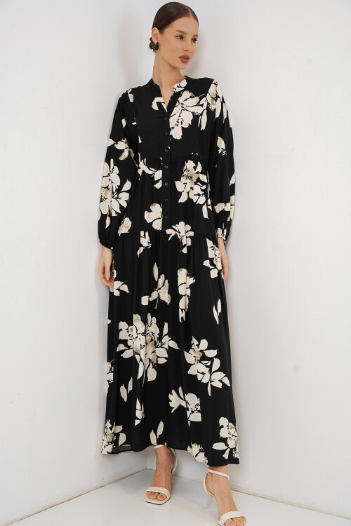 Kadın Desenli Uzun Tesettür Elbise 2585 - Düz Siyah