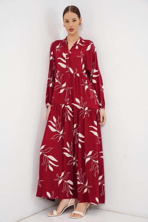 Kadın Desenli Uzun Tesettür Elbise 2585 - E. Bordo