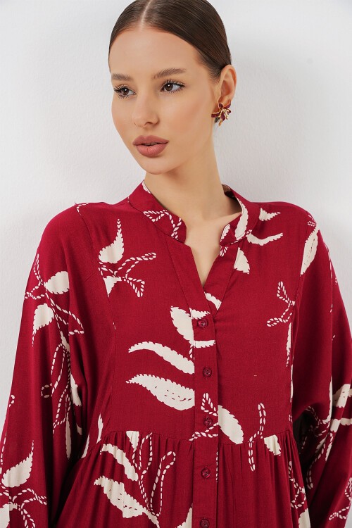 Kadın Desenli Uzun Tesettür Elbise 2585 - E. Bordo