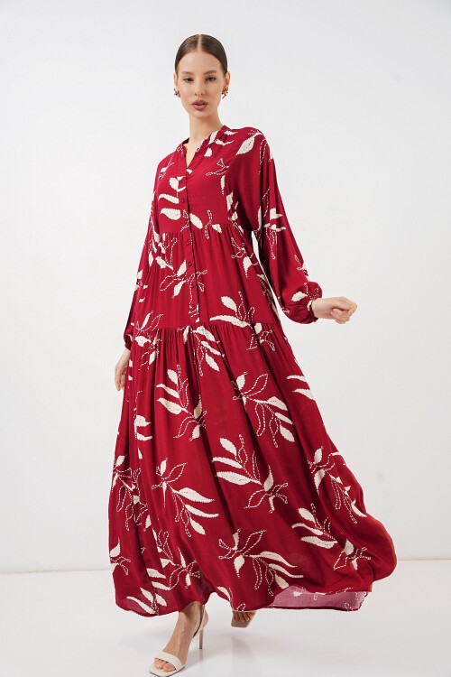 Kadın Desenli Uzun Tesettür Elbise 2585 - E. Bordo