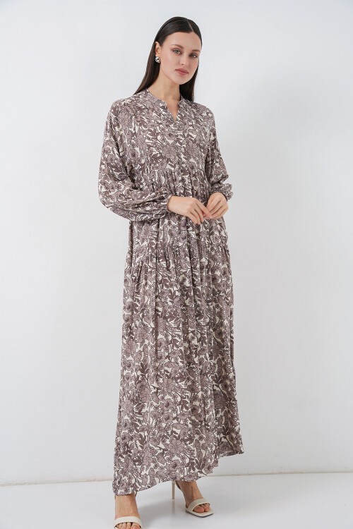 Kadın Desenli Uzun Tesettür Elbise 2585 - E. Kahve