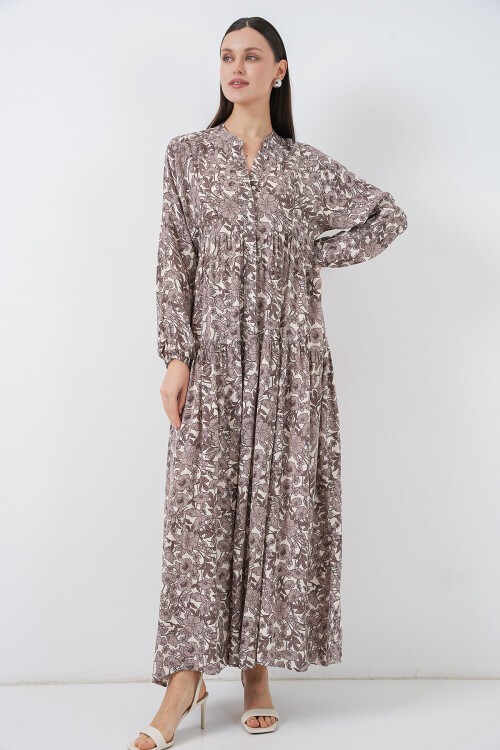 Kadın Desenli Uzun Tesettür Elbise 2585 - E. Kahve