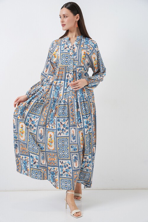 Kadın Desenli Uzun Tesettür Elbise 2585 - E. Mavi