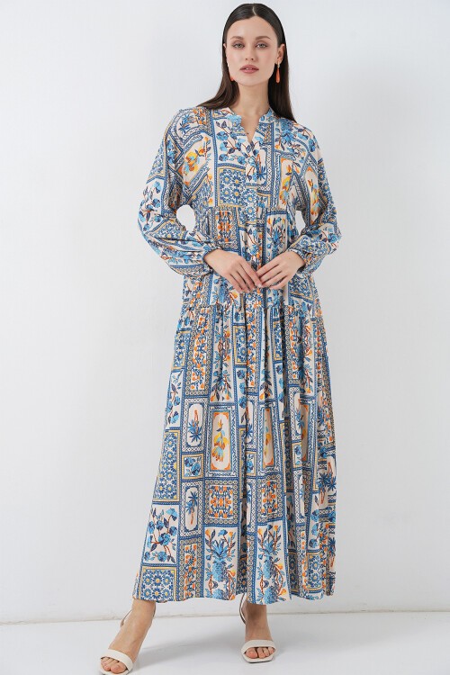 Kadın Desenli Uzun Tesettür Elbise 2585 - E. Mavi