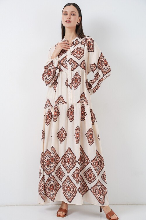 Kadın Desenli Uzun Tesettür Elbise 2585 - Ekru Kahve